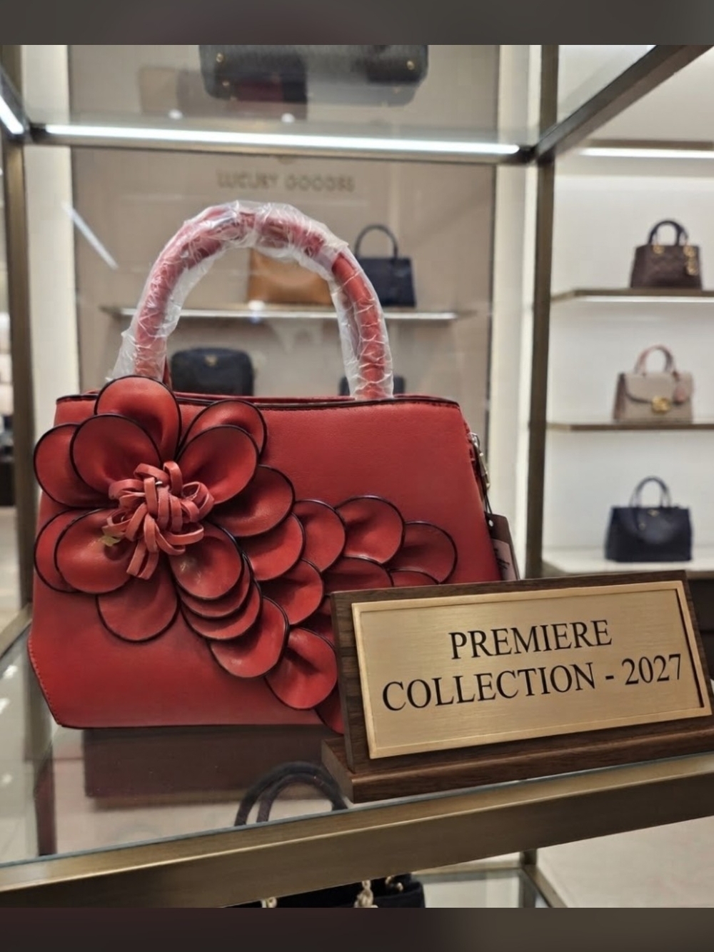 New Elegant Red Statement Handbag with 3D Floral Applique, Top Handle Bag